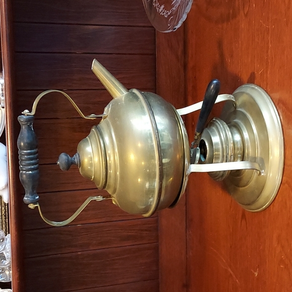 Vintage America Other - Antique Brass tea kettle and base warner wood handles teapot kettle